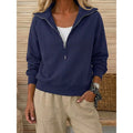 Women's Relaxed Quarter-Zip Pullover with Stand-Up Collar - Dark Blue
