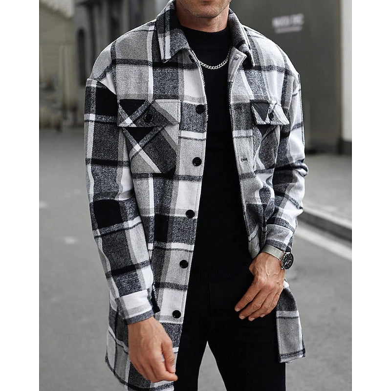 Women's Checked Overshirt Shirt Jacket with Chest Pockets - Black