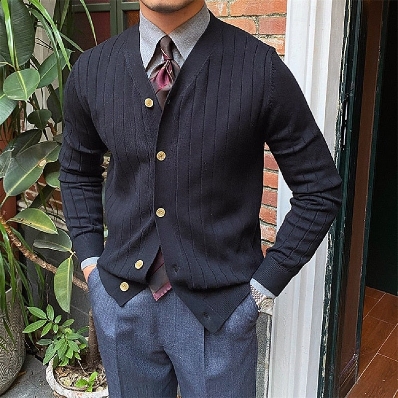 Men's Ribbed V-Neck Button-Front Cardigan - Black