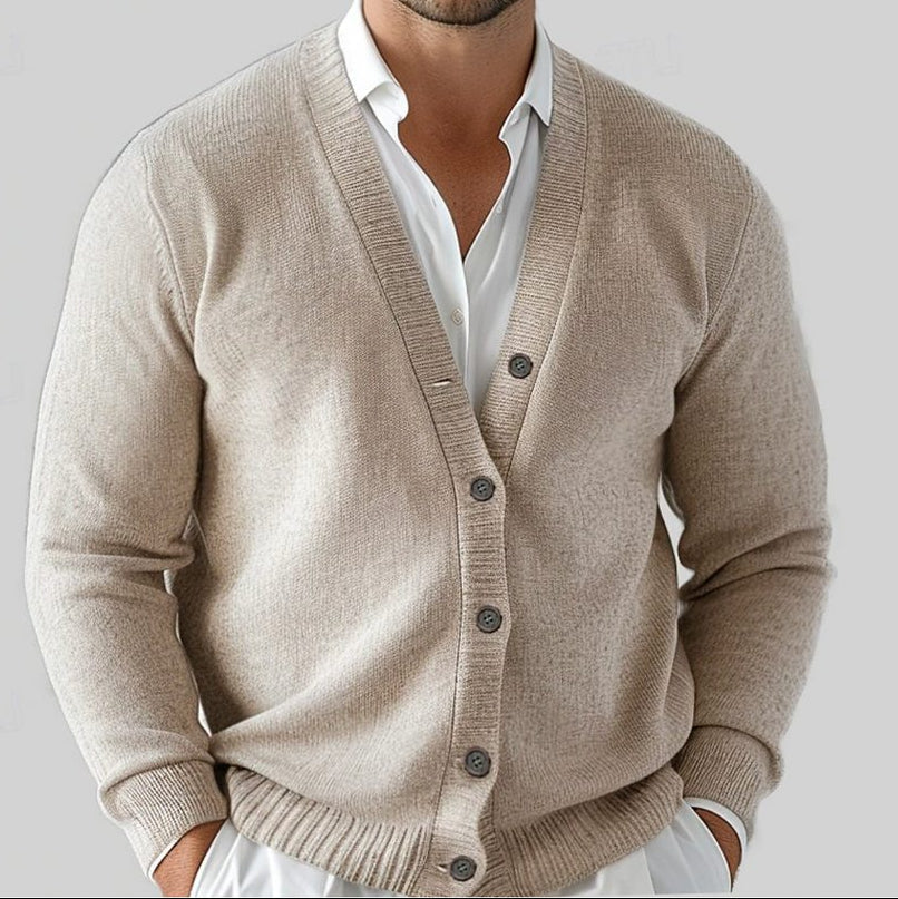 Men's Relaxed Fit V-Neck Button-Front Knit Cardigan - Beige