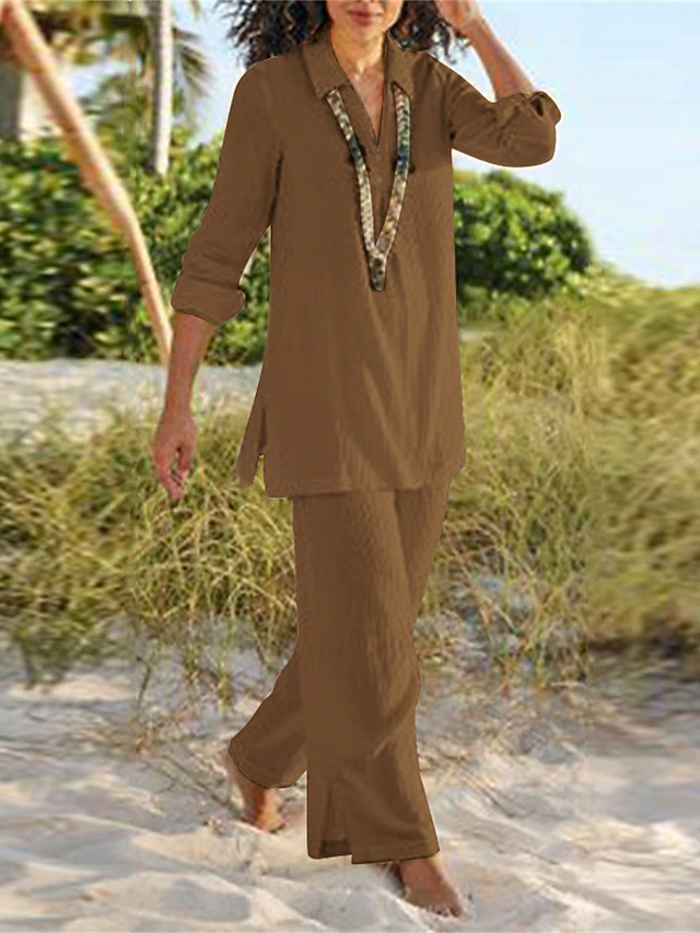 Women's V-Neck Top and Wide-Leg Trouser Set