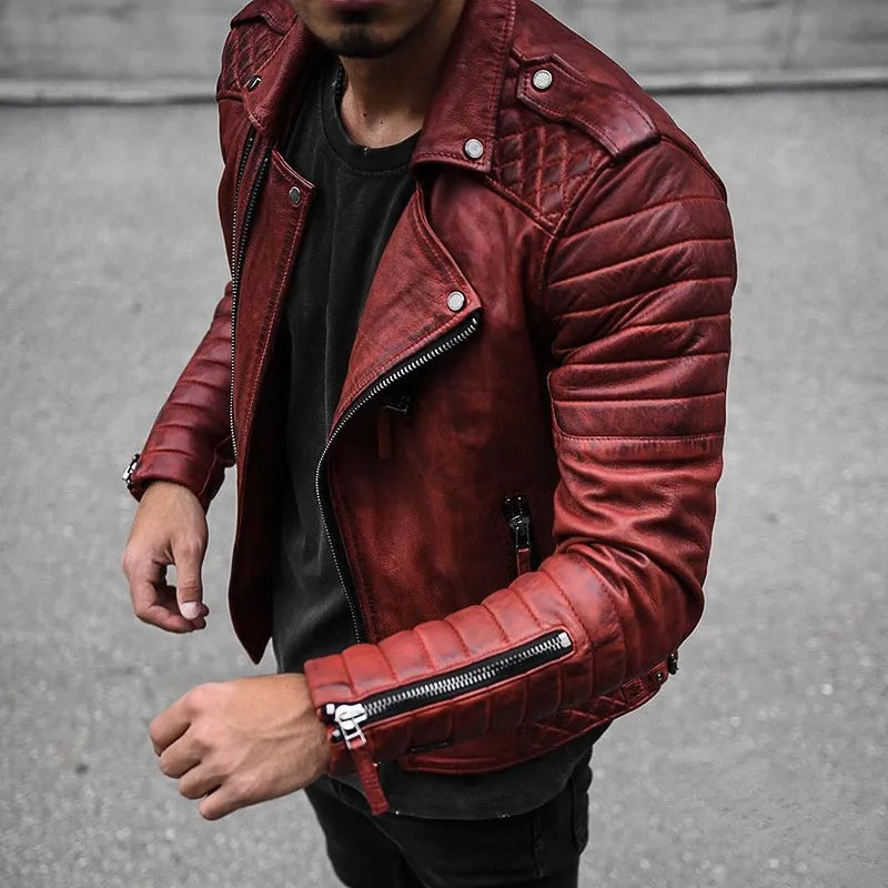 Men's Oversized Leather Shirt Jacket - Wine Red