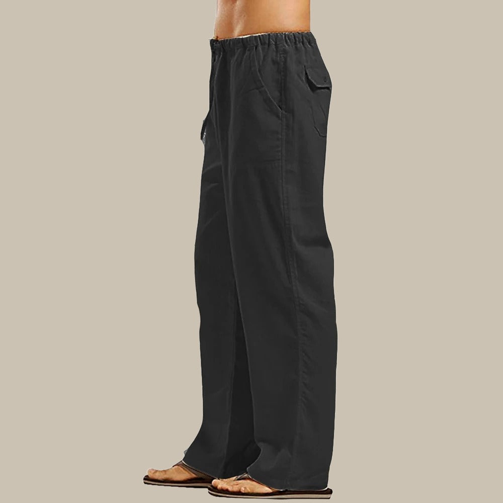 Men's Relaxed Straight-Leg Linen Trousers - Black