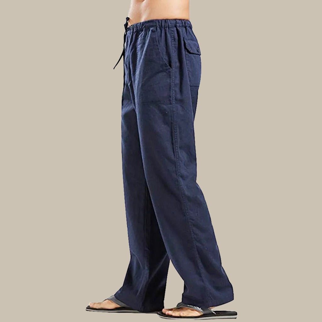 Men's Relaxed Straight-Leg Linen Trousers - Dark Blue