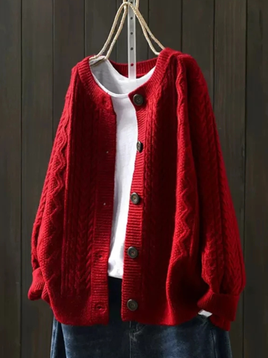 Women's Oversized Cable-Knit Button-Front Cardigan - Red