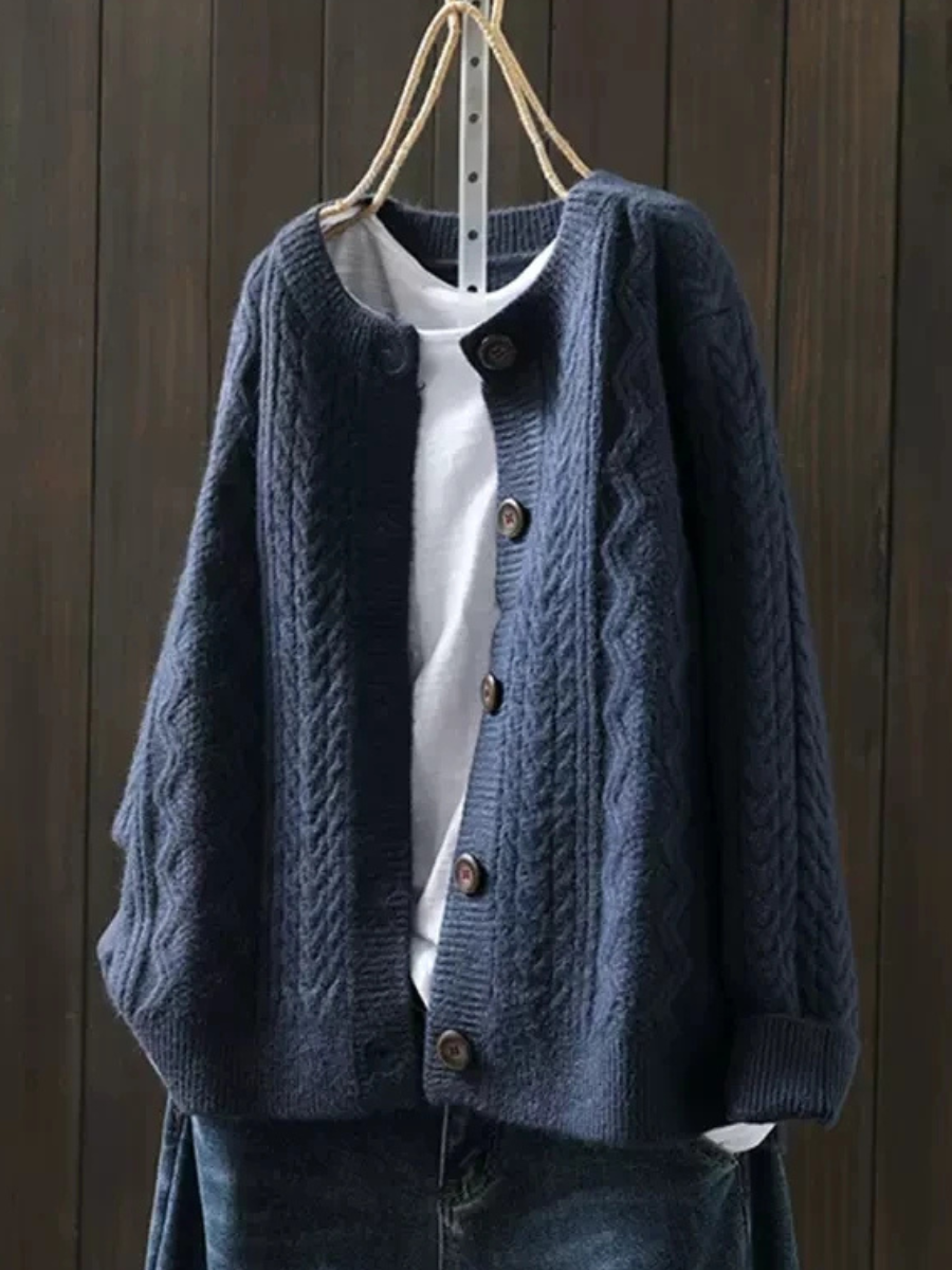 Women's Oversized Cable-Knit Button-Front Cardigan - Navy Blue