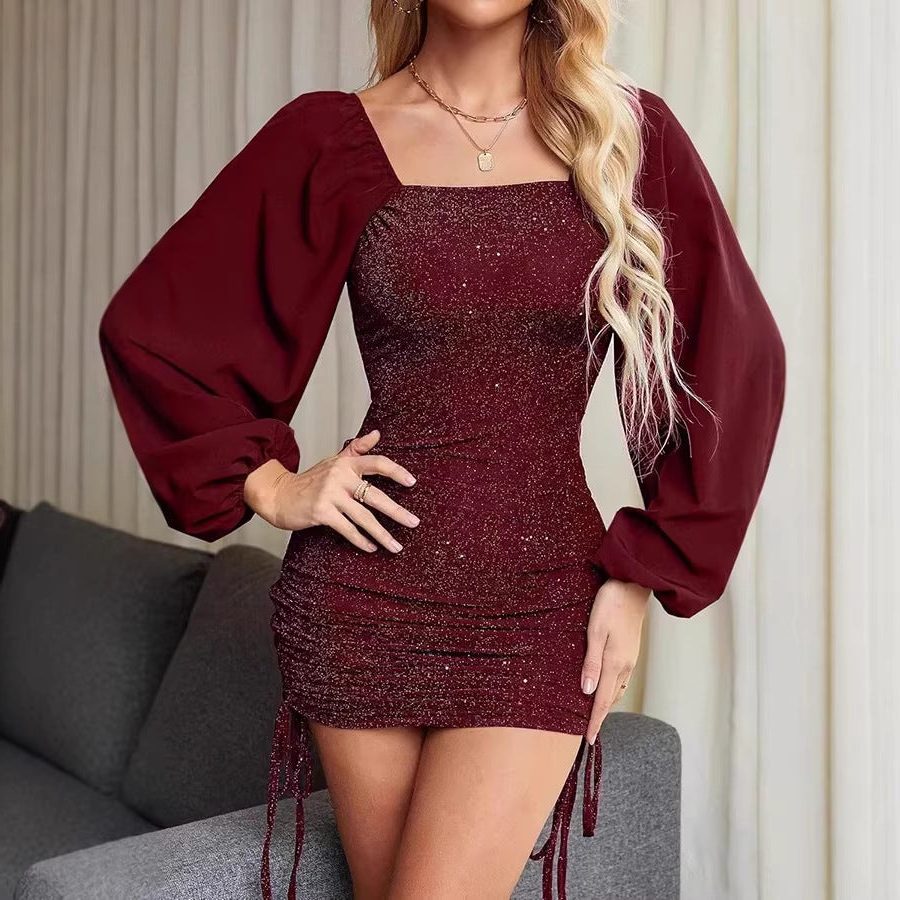 Women's Strapless Glitter Sequin Balloon Sleeve Mini Dress