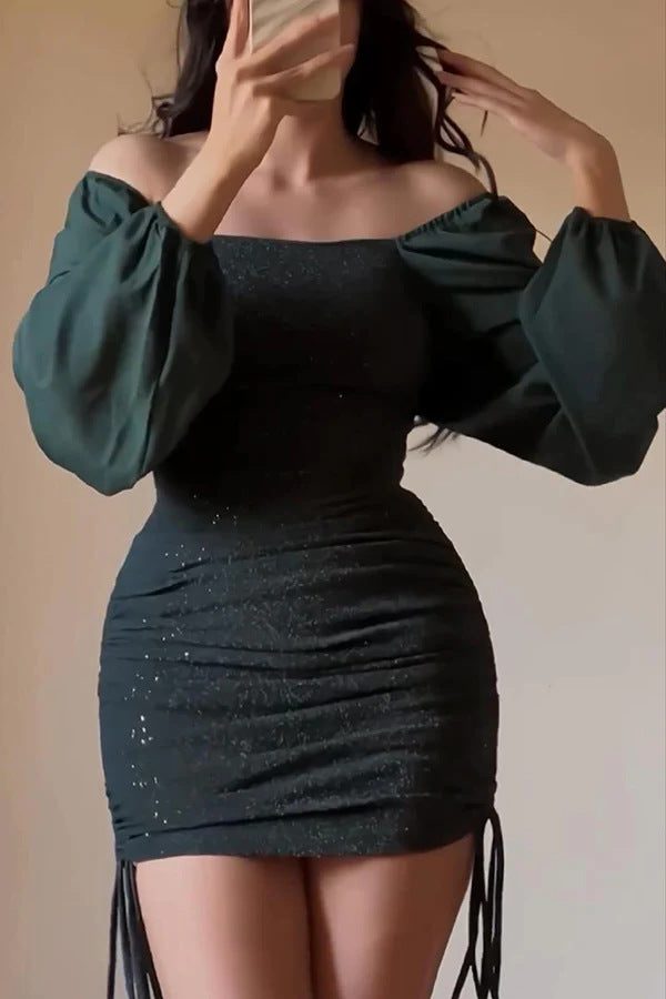Women's Strapless Glitter Sequin Balloon Sleeve Mini Dress - Olive Green
