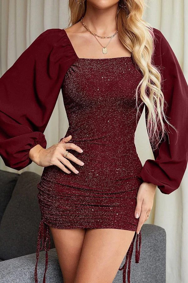Women's Strapless Glitter Sequin Balloon Sleeve Mini Dress - Wine Red