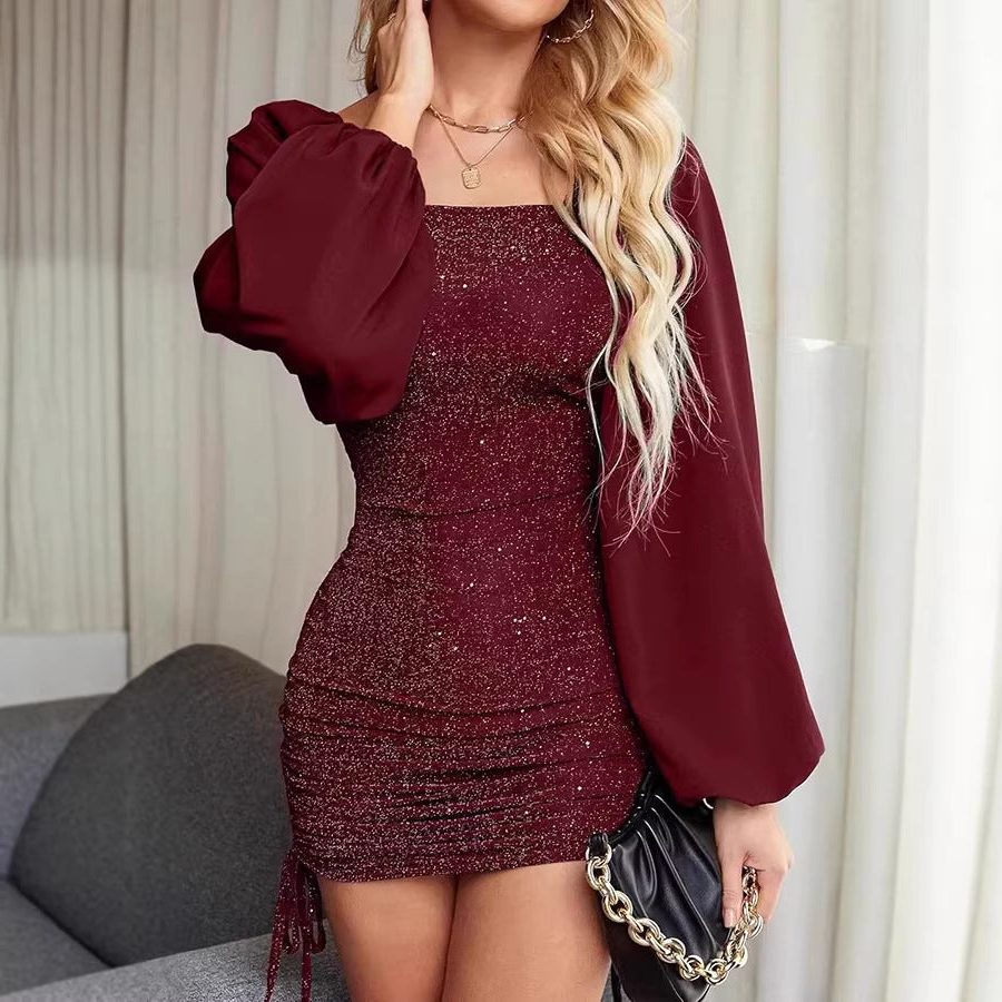 Women's Strapless Glitter Sequin Balloon Sleeve Mini Dress