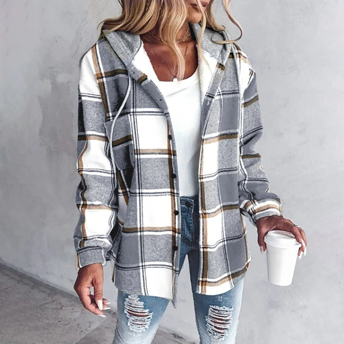 Women's Plaid Oversized Cardigan - Gray