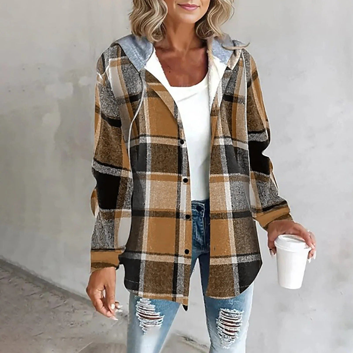 Women's Plaid Oversized Cardigan - Brown