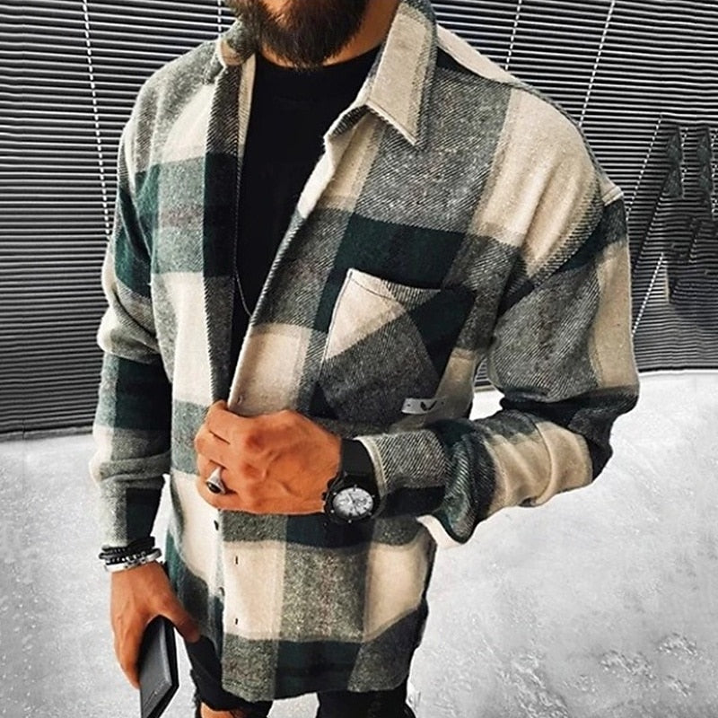 Men's Rugged Checked Overshirt with Chest Pocket - Green