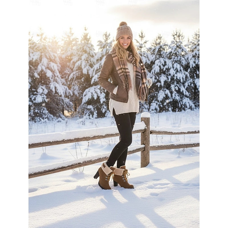 Women's Plush-Lined Lace-Up Winter Boots with Chunky Heel