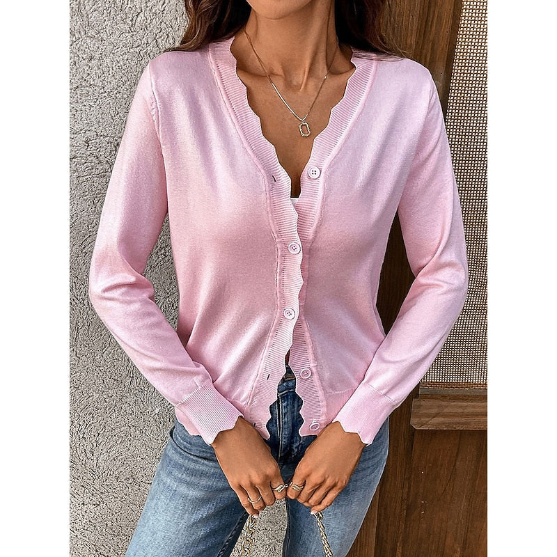 Women's Scalloped-Edge V-Neck Button-Front Cardigan - White