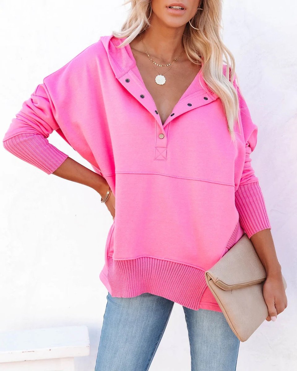 Women's Oversized Henley Pullover Hoodie - Pink