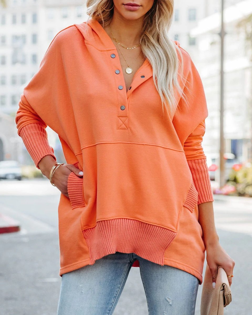Women's Oversized Henley Pullover Hoodie - Orange