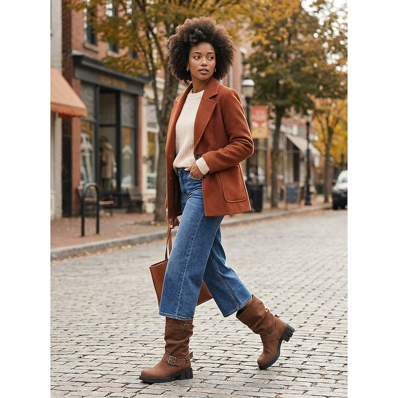Women's Block Heel Moto Boots with Lug Sole
