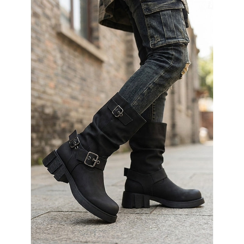 Women's Block Heel Moto Boots with Lug Sole