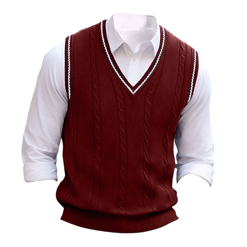 Men's Cable-Knit V-Neck Sweater Vest - Wine