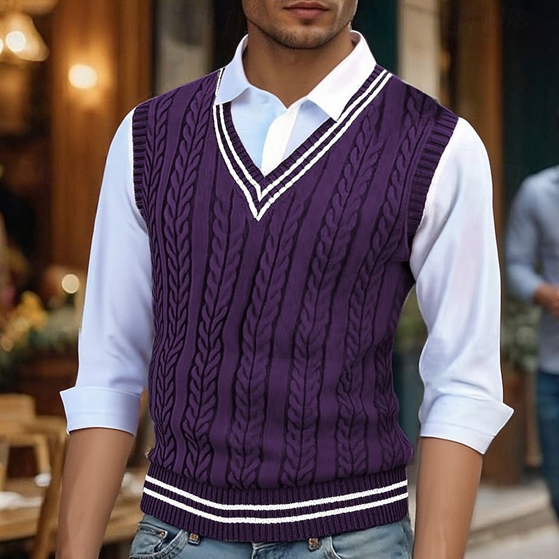 Men's Striped Cable-Knit V-Neck Vest - Coffee