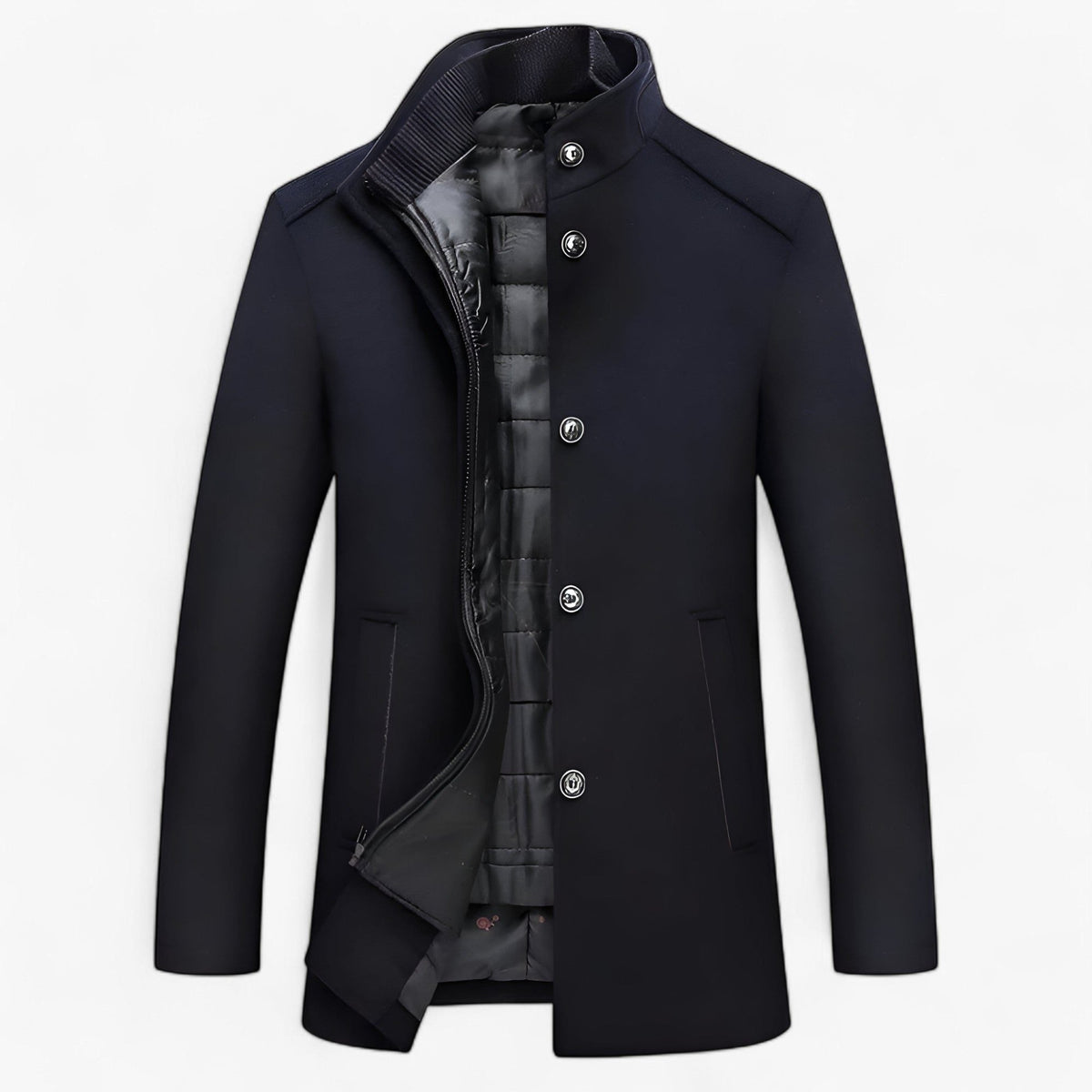 Men's Wool Stand Collar Overcoat with Padded Lining - Navy Blue