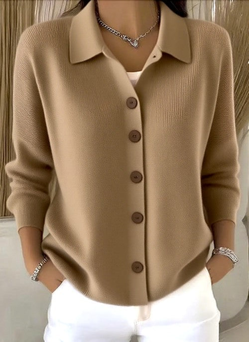 Women's Collared Button-Front Ribbed Knit Cardigan