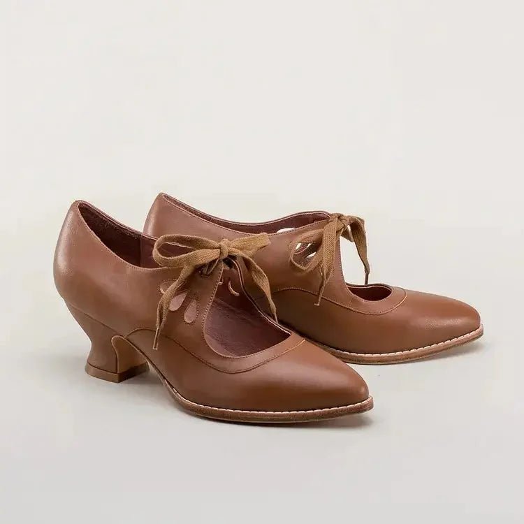 Women's Retro Flared Heel Cutout Pumps with Lace-Up Ankle
