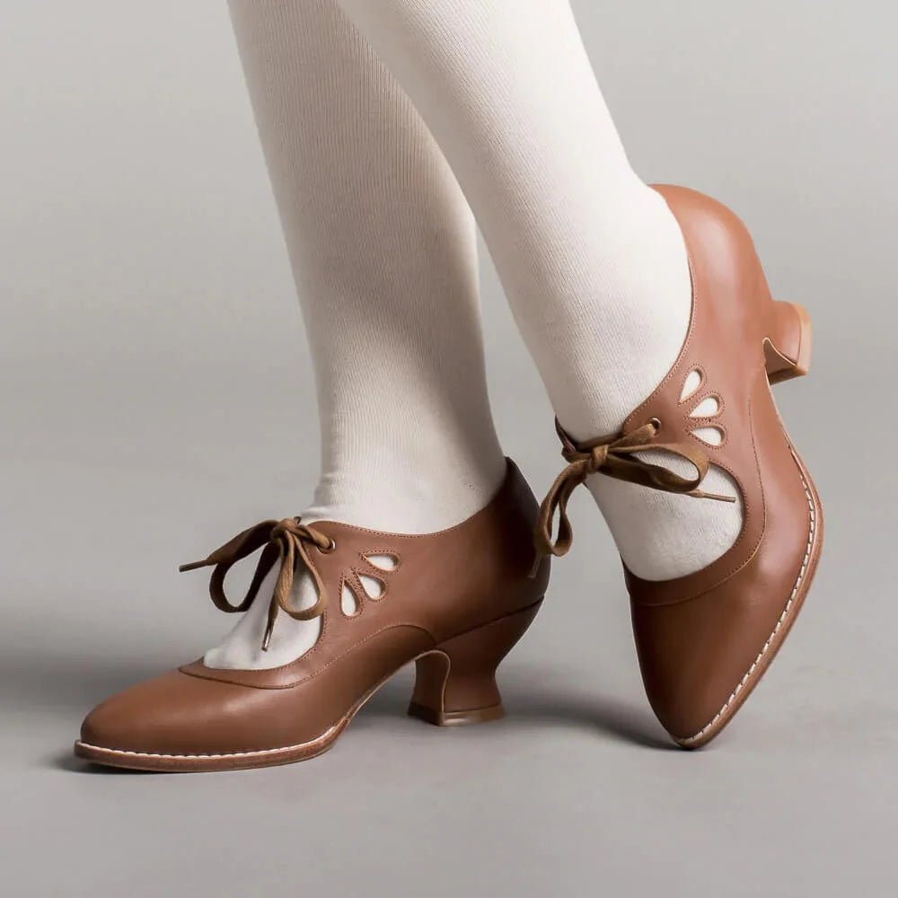 Women's Retro Flared Heel Cutout Pumps with Lace-Up Ankle - Brown