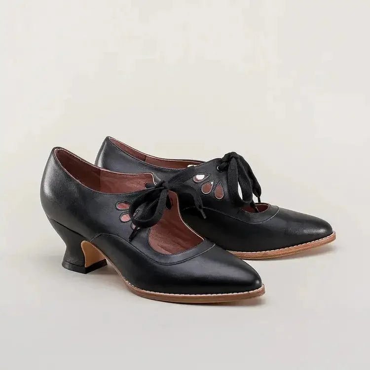Women's Retro Flared Heel Cutout Pumps with Lace-Up Ankle