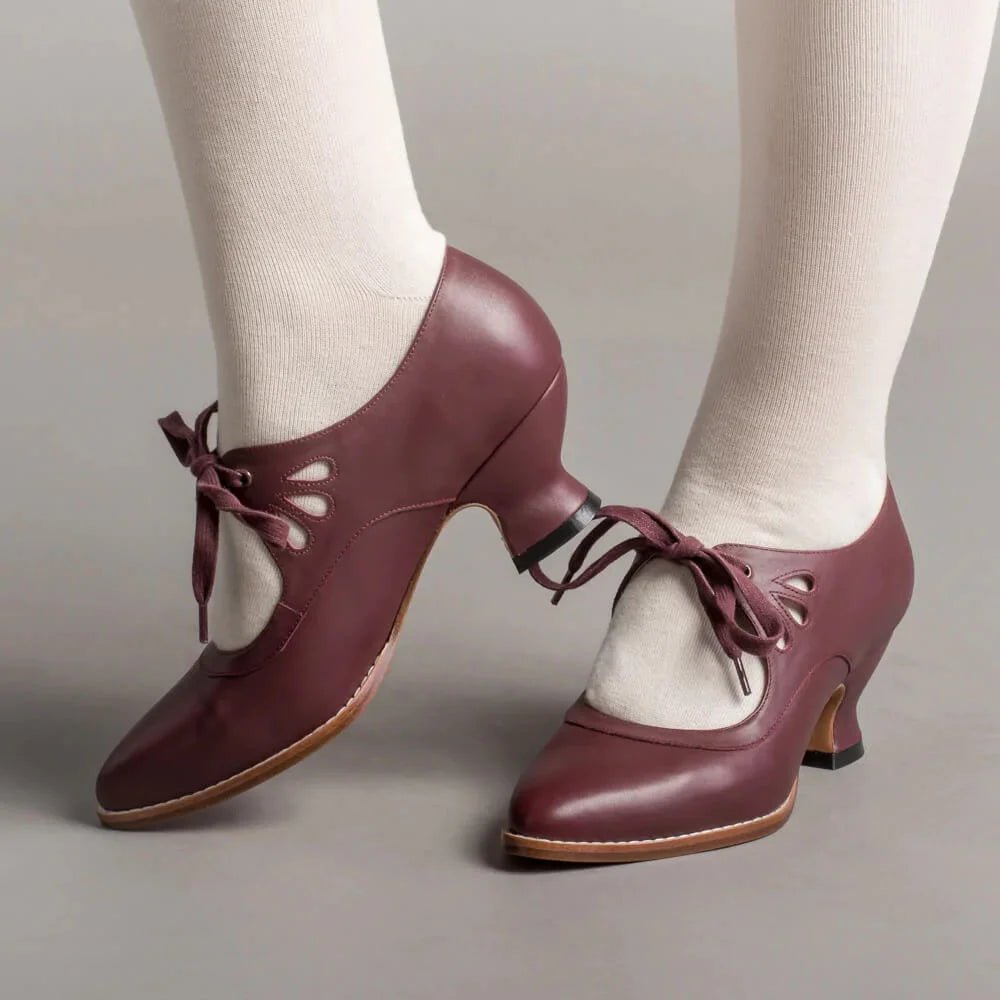 Women's Retro Flared Heel Cutout Pumps with Lace-Up Ankle - Burgundy