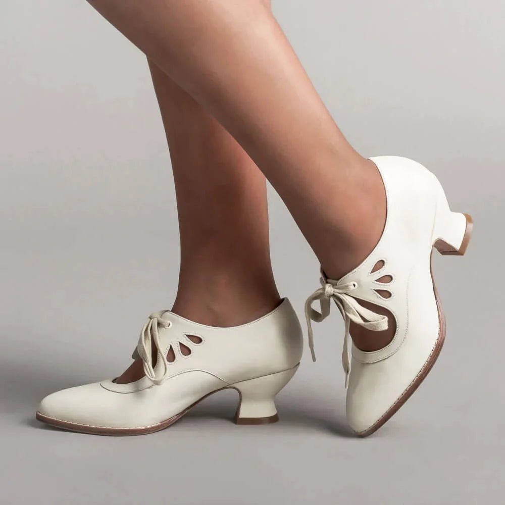 Women's Retro Flared Heel Cutout Pumps with Lace-Up Ankle - White