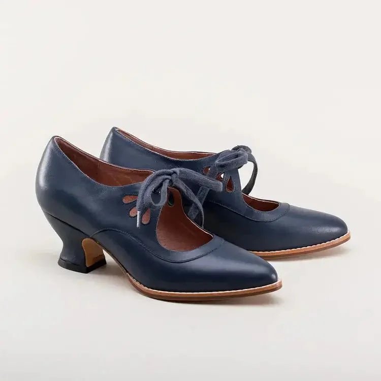 Women's Retro Flared Heel Cutout Pumps with Lace-Up Ankle