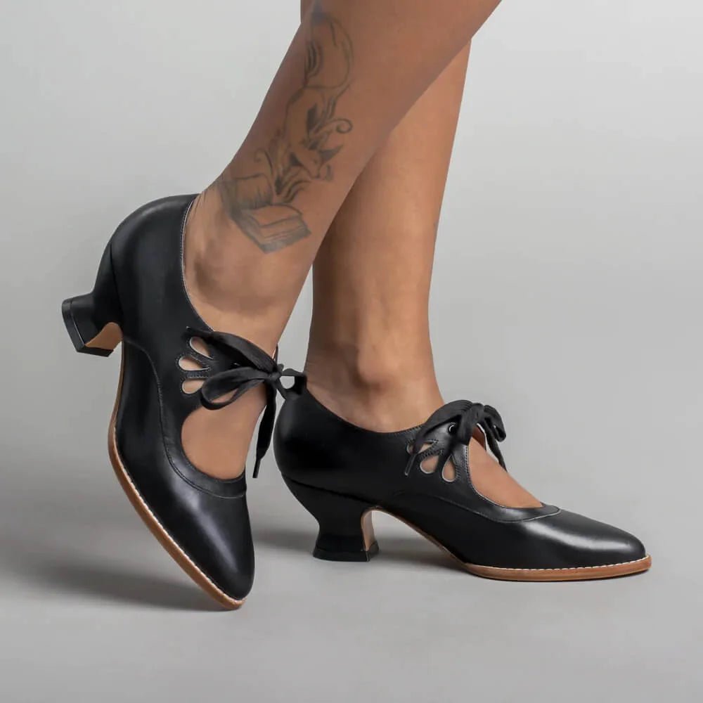 Women's Retro Flared Heel Cutout Pumps with Lace-Up Ankle - Black