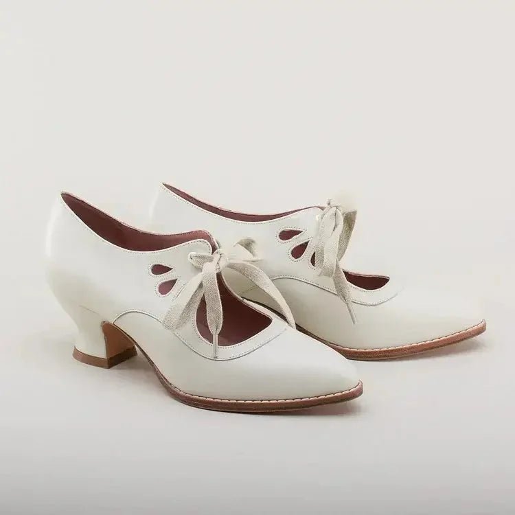 Women's Retro Flared Heel Cutout Pumps with Lace-Up Ankle