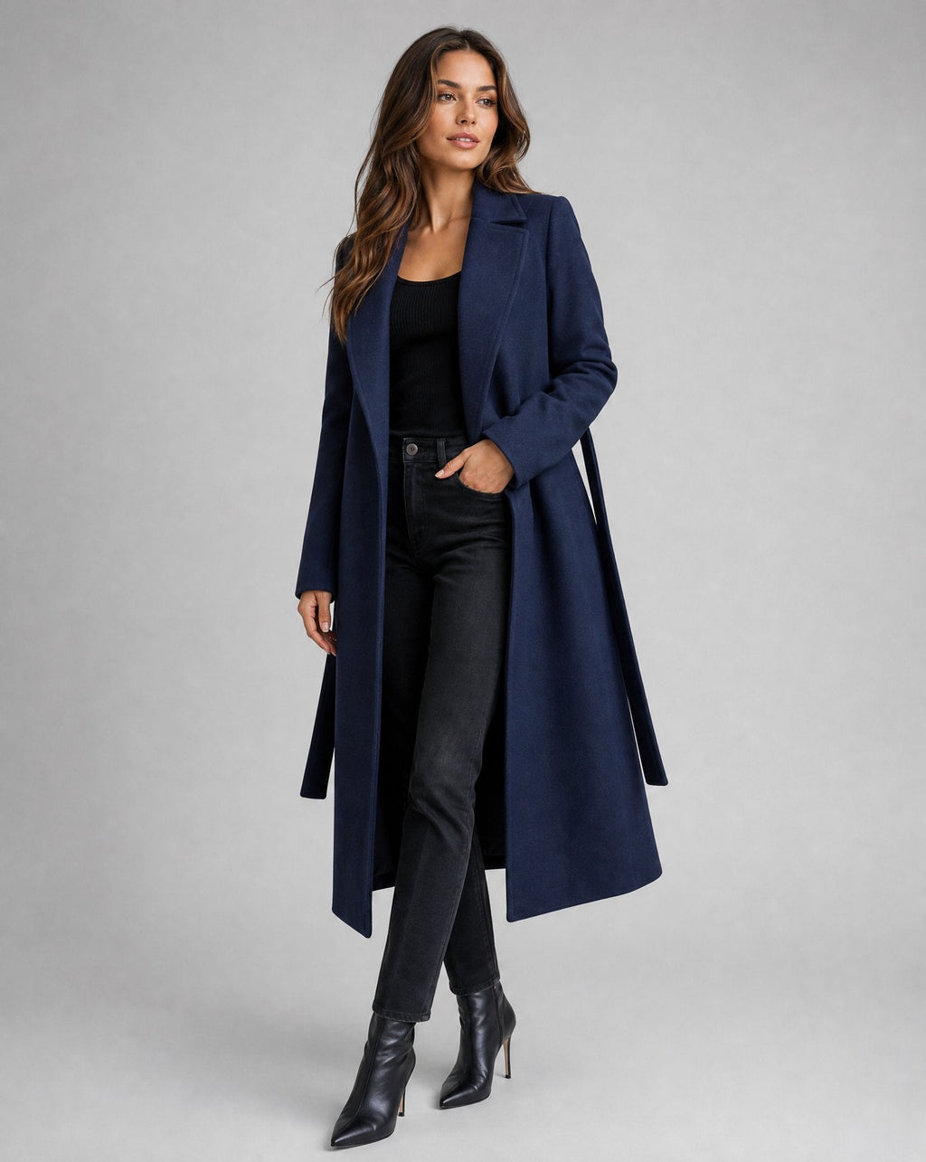 Women's Belted Wool Blend Long Lapel Trench Coat - Navy