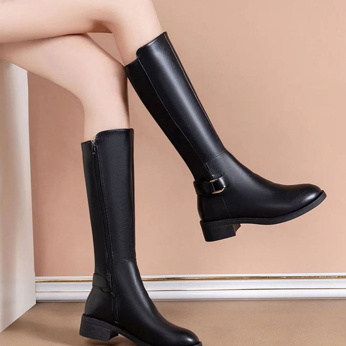 Women's Back-Zip Knee-High Boots with Gold-Tone Buckle