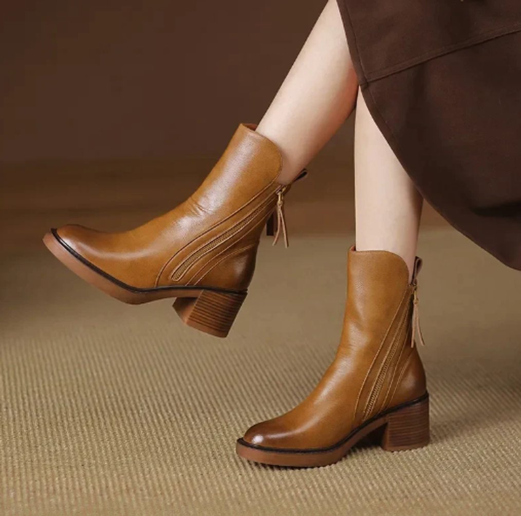 Women's Block-Heel Side-Zip Leather Ankle Boots