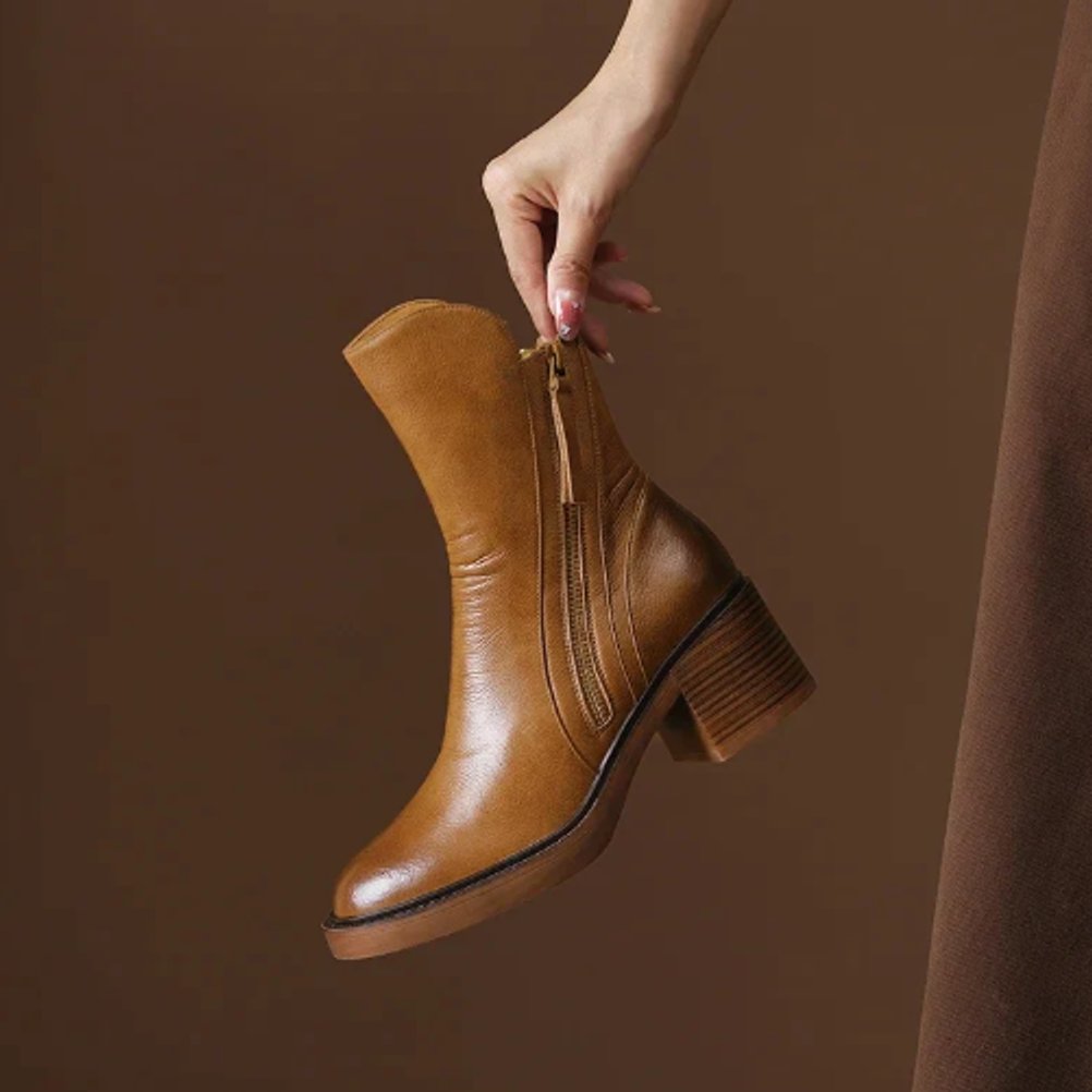 Women's Block-Heel Side-Zip Leather Ankle Boots