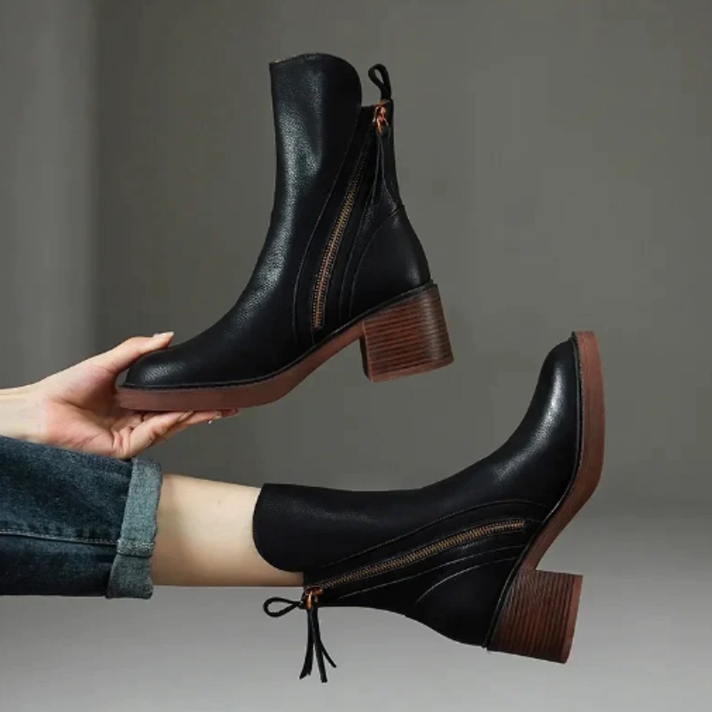 Women's Block-Heel Side-Zip Leather Ankle Boots