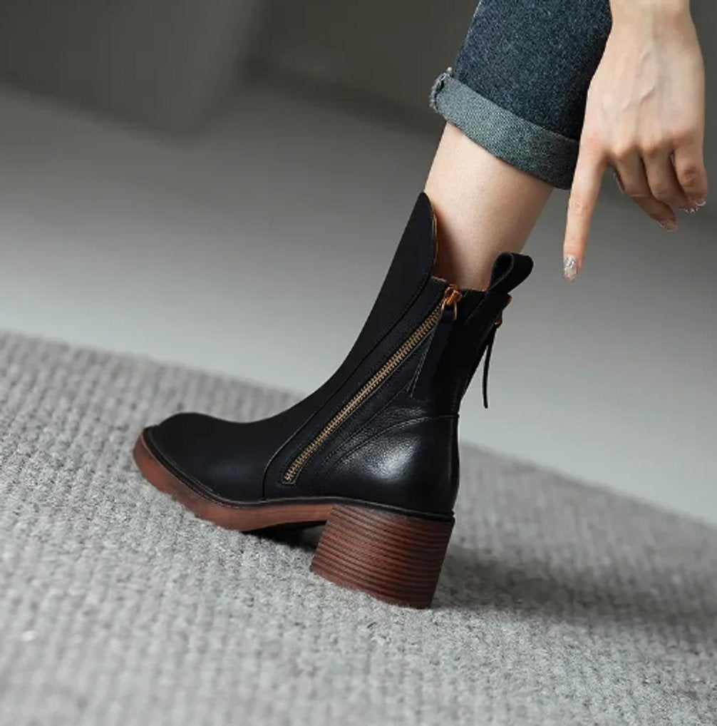 Women's Block-Heel Side-Zip Leather Ankle Boots