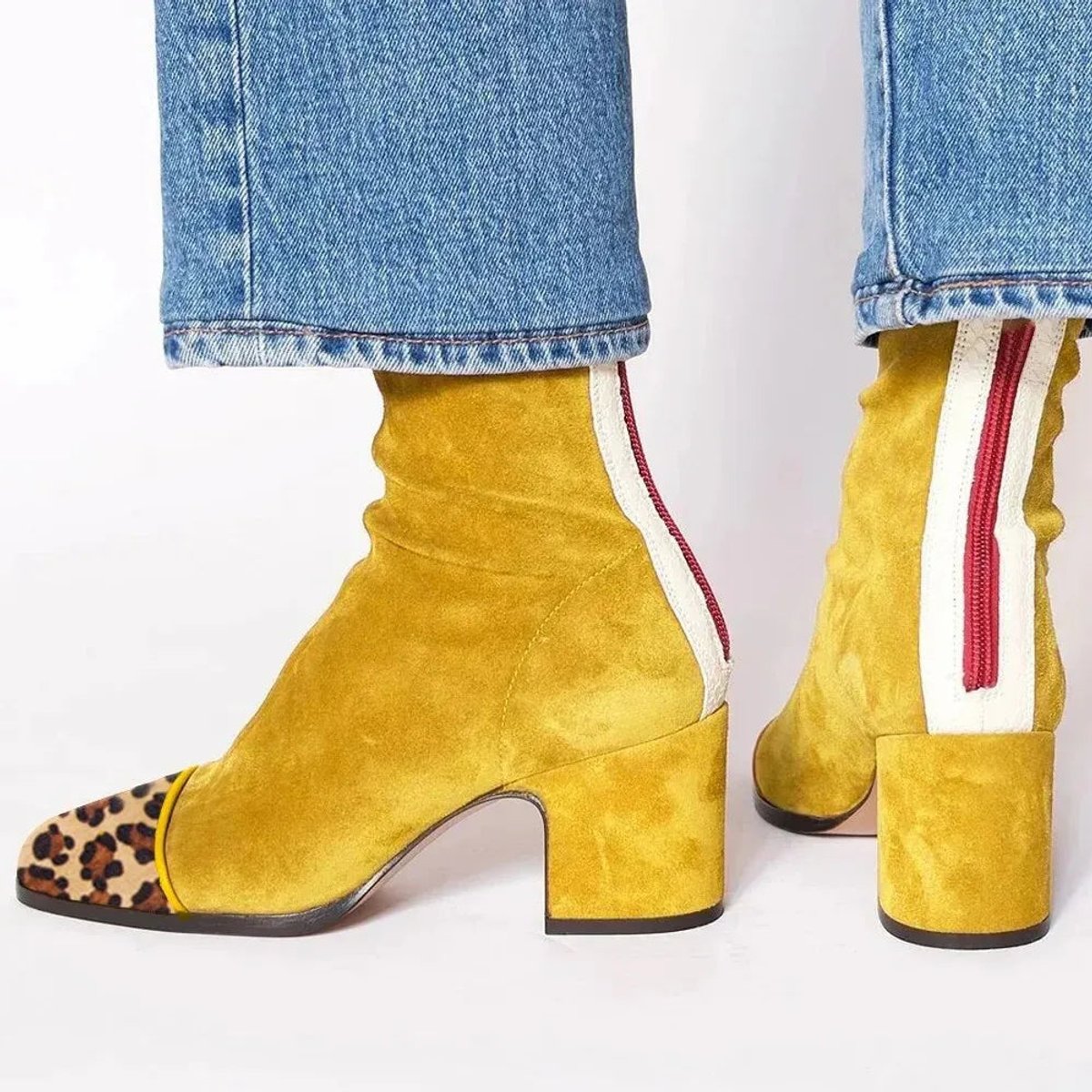 Women's Block-Heel Suede Leopard-Toe Ankle Boots
