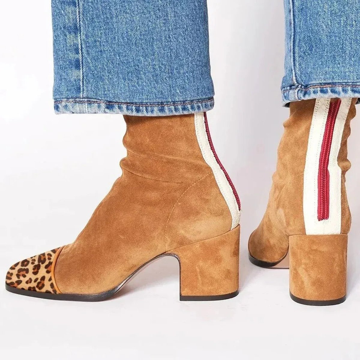 Women's Block-Heel Suede Leopard-Toe Ankle Boots