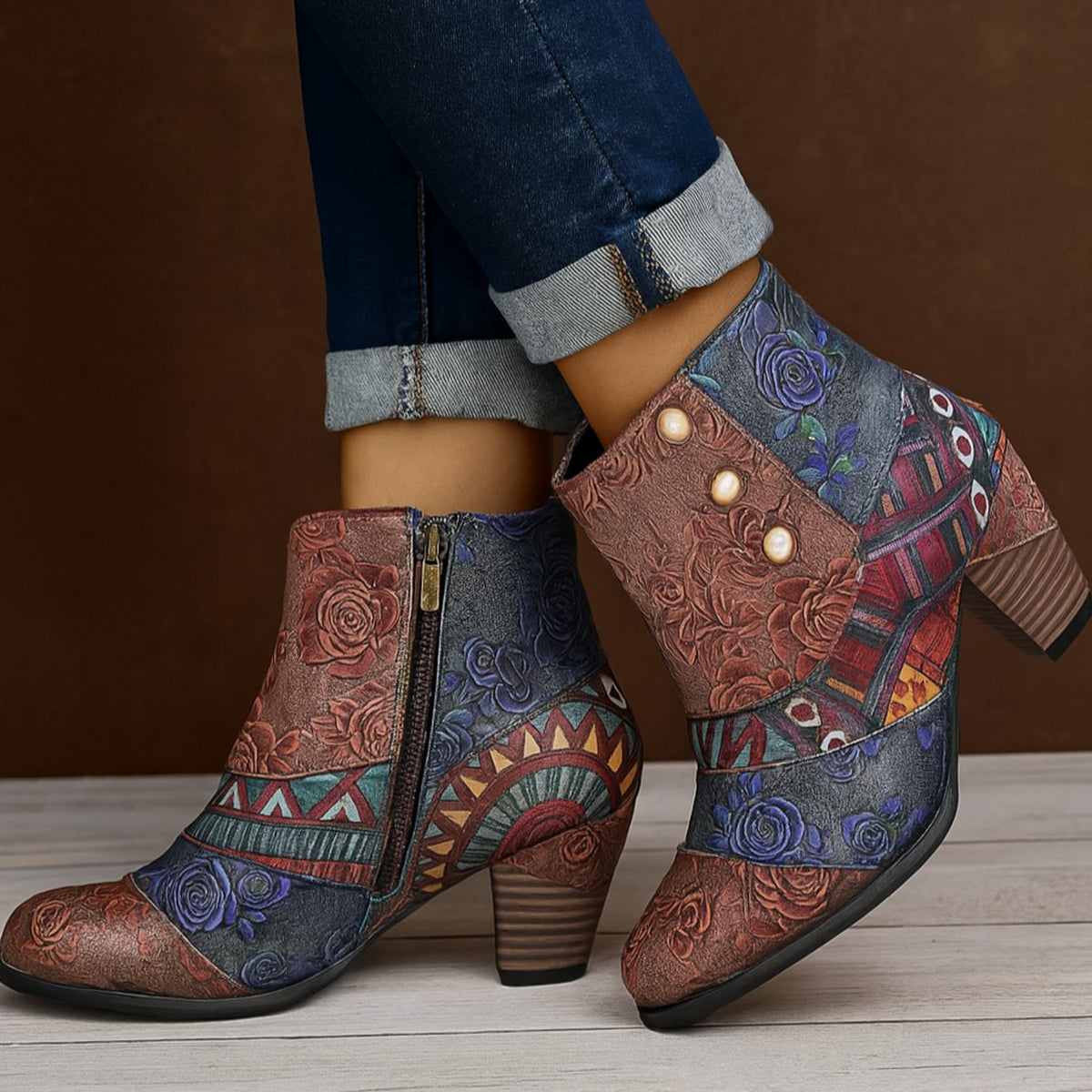 Women's Floral Embossed Block Heel Ankle Boots - Red