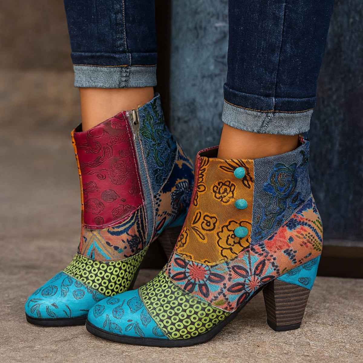 Women's Floral Embossed Block Heel Ankle Boots - Gray
