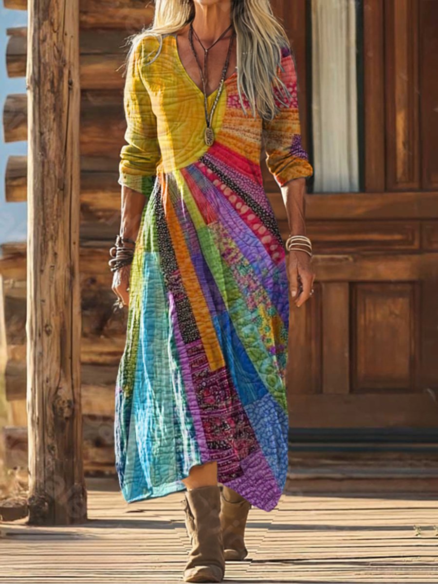 Women's Boho Patchwork V-Neck Midi Dress