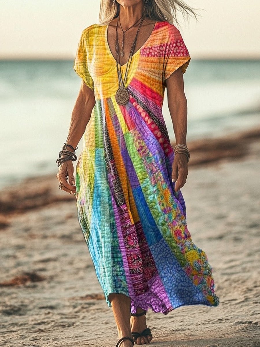 Women's Boho Patchwork V-Neck Midi Dress