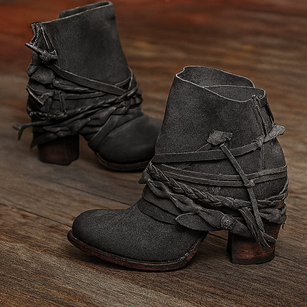 Women's Distressed Western Ankle Boots with Braided Straps - Brown