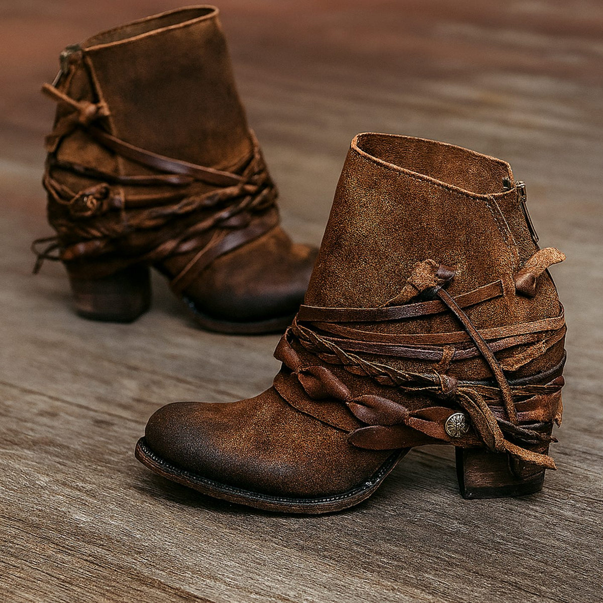 Women's Distressed Western Ankle Boots with Braided Straps - Gray