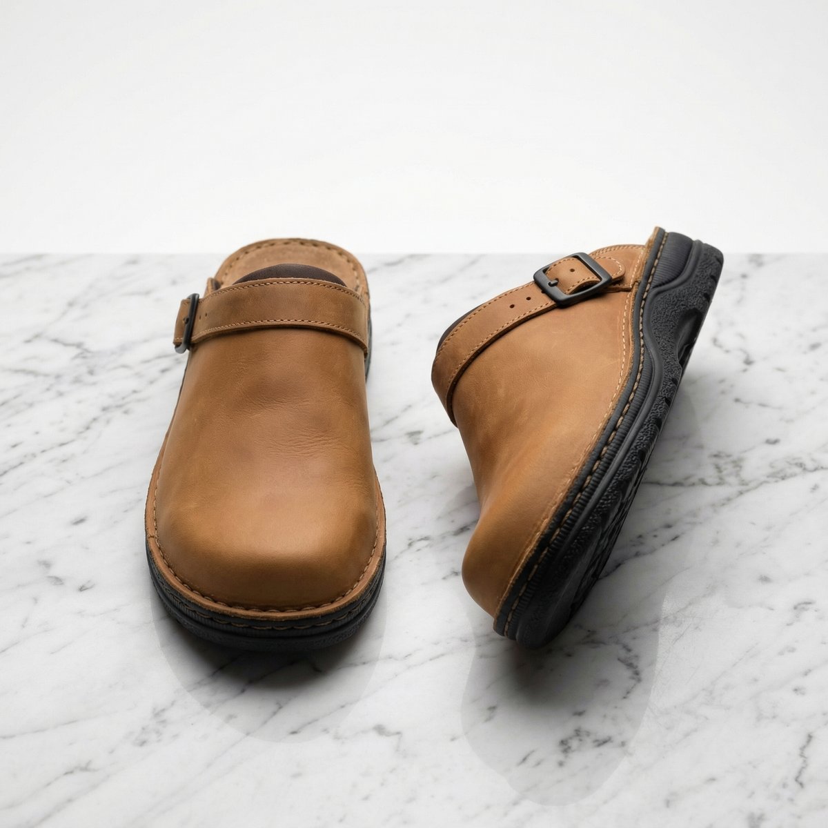 Women's Premium Leather Slip-On Clogs - Brown